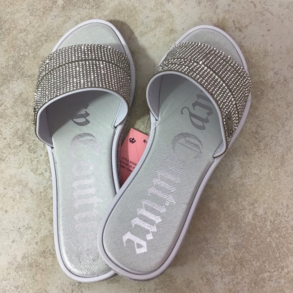 Juicy Couture Yummy Silver slides with rhinestones size 6
